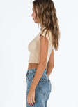 Crop top Scooped neckline Pinched detail at bust Good stretch Unlined