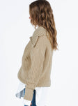 Beige sweater Knit material Oversized collar Zip fastening at front Good stretch Unlined 