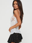 Lace top Adjustable shoulder straps, v-neckline, twin tie fastening at bust, split hem Non-stretch material, unlined, sheer