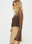 Long sleeve top Sheer mesh sleeves, crew neckline, low back, tie fastening at back  Good stretch, lined body 