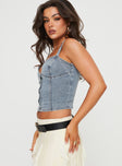 Denim top Sweetheart neckline, contrast stitching, shirred back Adjustable straps, button fastening at front 