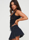 Corset top  Dark denim wash, contrast stitching, V- shape hem, fixed straps Button fastening at front