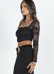 Long sleeve top Sheer lace material Square neckline Hook and eye fastening at front