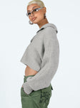 Grey cropped sweater Soft knit material V neckline Oversized collar Balloon style sleeves Drop shoulder