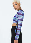 Long sleeve top Striped print Sheer mesh material High neck Adjustable tie fastening at side