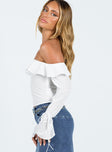 Long sleeve top Off-the-shoulder design Inner silicone strip at bust Frill detail neckline Invisible zip fastening at side Removable wrist ties