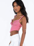 Pink crop top Fixed shoulder straps V neckline Lace detail Zip fastening at back Pointed hem