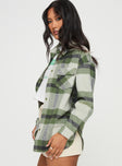 Plaid shacket Button front fastening, classic collar, single button cuff, twin chest pockets, curved hem