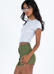 Green mini skirt Low rise Button detail at front Invisible zip fastening at back