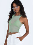 Green two piece top Sheer mesh material Bralette top Triangle style Tie fastenings Tank top Lettuce edge hem Good stretch Lined bralette