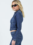 Cropped denim jacket Dark wash denim Classic collar Zip fastening at front