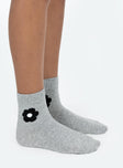 Grey crew socks flower Graphic print Elasticated cuff Good stretch