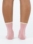 Pink socks Crew length  Frilled edge  Good stretch OSFM