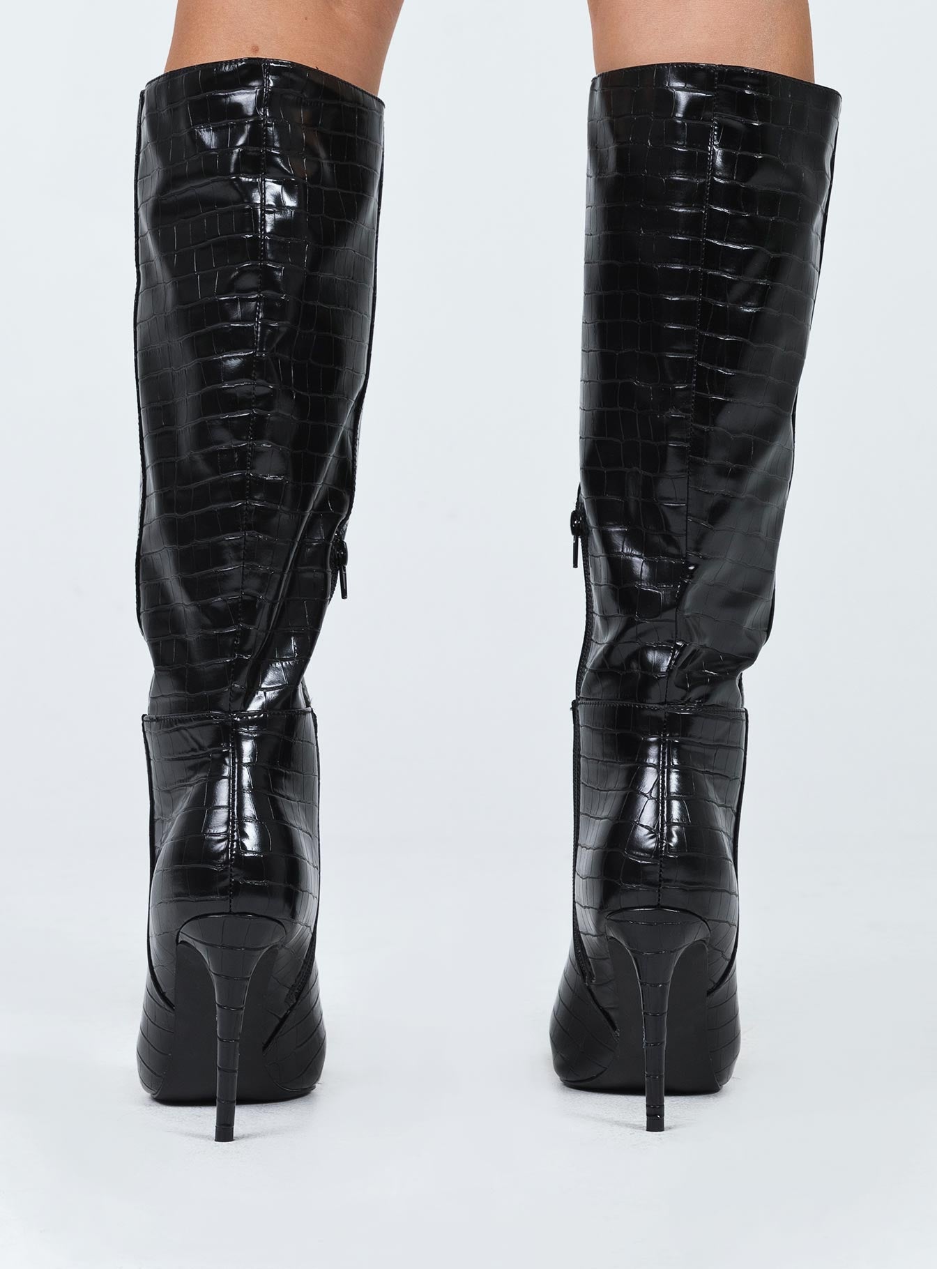 Black croc discount thigh high boots