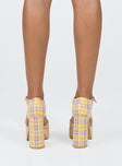 Platform heels  Man-made upper, lining & outsole Plaid print  Closed toe  Block heel  Ankle buckle fastening  Platform base 