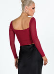 Long sleeve top Sheer mesh material Sweetheart neckline Slight ruching at bust Curved hem Good stretch Lined body