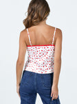 Top Silky material Graphic print Adjustable shoulder straps   Lace trim  Tie fastening at front