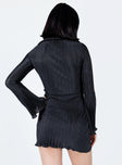 Mini dress Silky material Pleated design  Classic collar  Button front fastening  Flared sleeves 