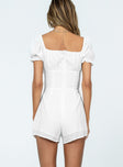 White romper Elasticated shoulders  Puff sleeves  Gathered bust  Lace up waist  Invisible zip fastening at back 