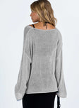 Grey sweater Sheer knit material V neckline Drop shoulder Rolled hem and cuff Good stretch Unlined 