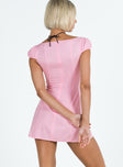 Pink mini dress Linen material Sweetheart neckline Tie front fastening Keyhole cut out Invisible zip fastening at back