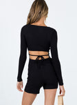 Long sleeve romper Ribbed material   Square neckline  Back tie fastening Exposed back 