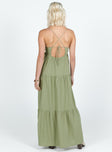 V-neck maxi dress Cross strap fastening at back, elasticated band at back, tiered skirt, invisible zip fastening at side