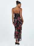 Maxi dress Floral print Adjustable shoulder straps Tie fastening at back Elasticated back Tiered ruffles Uneven hem