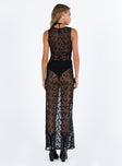 Black maxi dress Sheer mesh material Floral detail Scooped neckline Invisible zip fastening at side