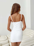 White mini dress Pointelle material Adjustable shoulder straps V neckline