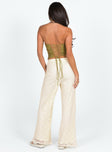 Pants Knit material High rise Zip and button fastening  Elasticated waistband at back Wide leg 