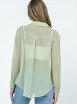 Green long sleeve shirt Sheer material Classic collar Button fastening at front Single button cuff