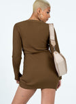 Brown long sleeve mini dress Ribbed knit material Plunging neckline Button front fastening