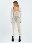 Long sleeve maxi dress Soft crochet material Sheer design Wide neckline Flared sleeve  Slight stretch Unlined 