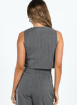 Vest top Pinstripe print V neckline Button fastening at front Faux pockets Pointed hem