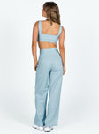 Matching set Linen material Crop top Fixed straps Invisible zip fasting at side High waisted pants Wide relaxed leg Belt loops at waist Zip and button fastening Lined top