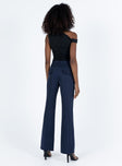 Pants Pinstripe print Belt looped waist Zip and button fastening at front Two faux pockets at back Straight leg