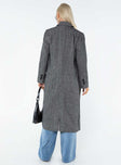 Long coat Lapel collar, button fastening at front, front pockets