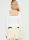 Long sleeve top Lace detail, open front design, single tie fastening at bust