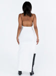 White maxi dress Elasticated shoulder straps Cowl neckline Low back High leg slit Good stretch Fully lined 