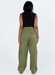 Cargo pants High rise Belt looped waist Zip and button fastening Drawstring at waist Seven pocket design Faux back pockets Straight leg