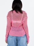 Pink sweater Sheer knit material Drop shoulder Good stretch Unlined 