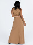 Brown maxi dress Ribbed material Scooped neckline High leg slit Good stretch Unlined 