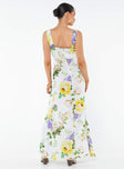 V-neck maxi dress, slim fitting, floral print Fixed shoulder straps, invisible zip fastening at back, high leg slit 