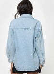 Oversized denim shacket, light wash denim Classic collar, press clip fastening down front, twin chest pockets, single button cuff