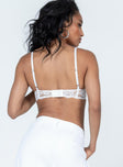 White bralette Lace material Sheer design  Wired cups  Adjustable shoulder straps  Hook & eye fastening at back  Elasticated underbust band 