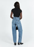 Jeans High rise Dark wash denim Belt looped waist Zip and button fastening Classic five pocket design Straight leg Ripped knee