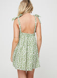 Floral mini dress Plunging neckline, tie fastening shoulder straps, elasticated waistband Non-stretch material, lined bust