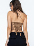 Strapless top Mesh material  Padded bust  Wired cups Boning through front  Silk ribbon tie fastening at back 