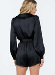 Long sleeve romper Silky material Oversized lapel collar V-neckline Adjustable & removable waist tie Elasticated band at waist Double button cuff